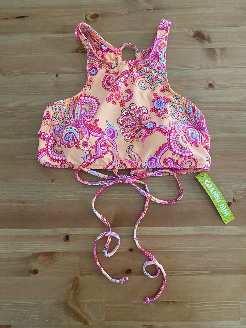 Gianni Bini Bikini Swim Top Colorful High Neck Lace Up Tie Back Women’s Size L